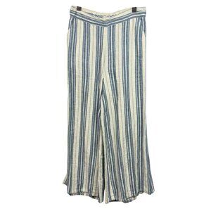 Christian Siriano Pants Womens Medium Blue Striped Wide Leg Pull On Linen Cotton